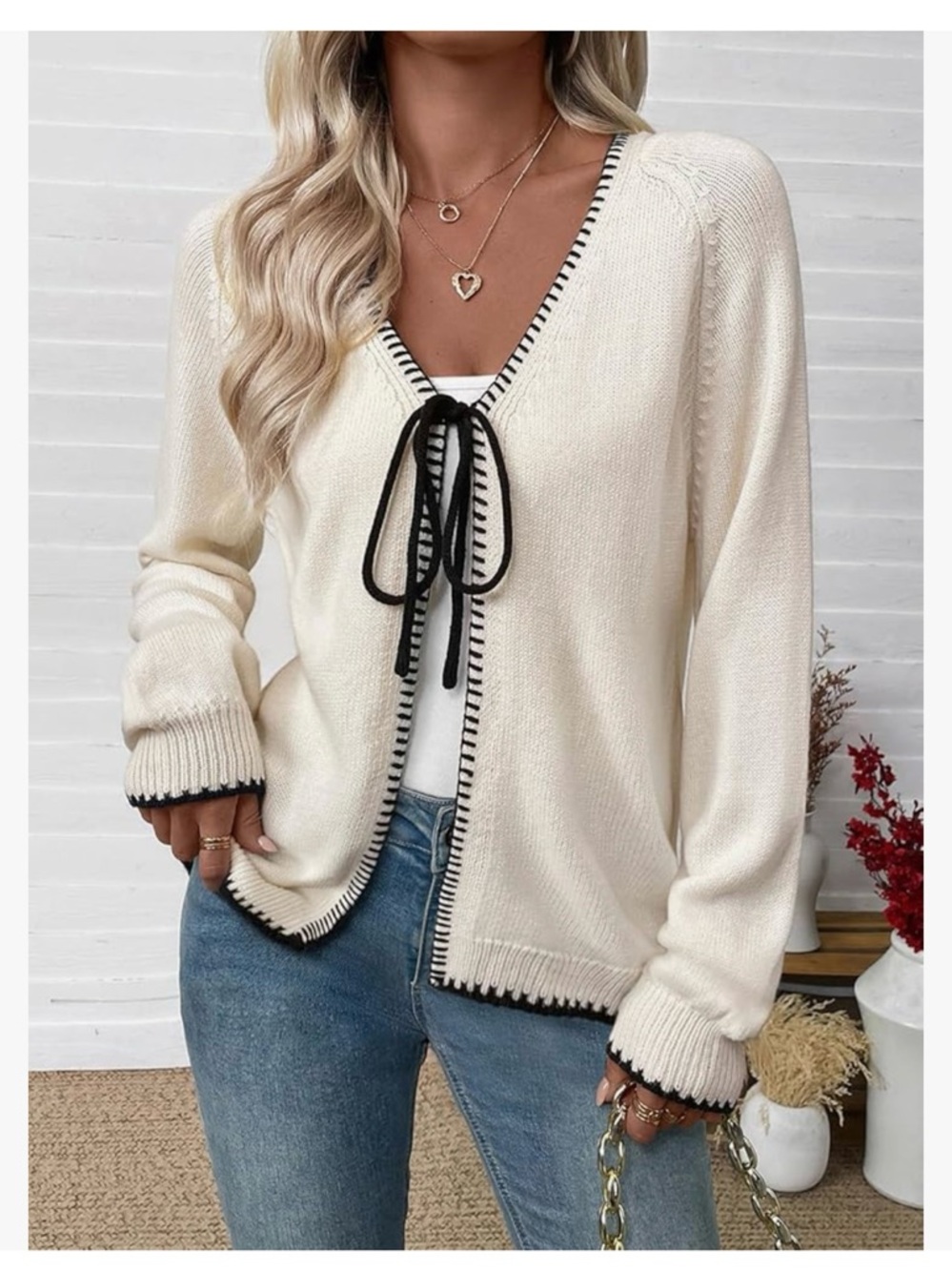 Women’s Evaless Cream V Neck Open Front Bow Tie Lightweight Cardigan Career L